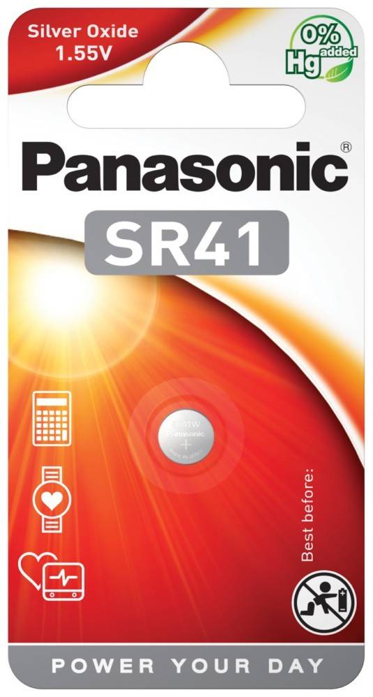 Verpackung für Panasonic SR41-Batterie mit Taschenrechner- und Herzsymbolen, die einen Einsatz in elektronischen Geräten wie Taschenrechnern und Gesundheitsmonitoren nahelegt.