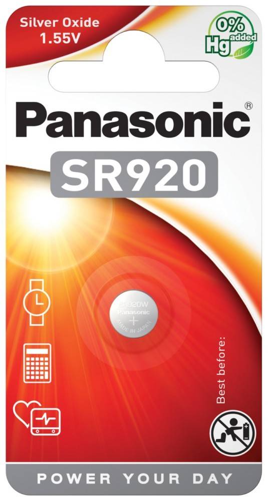 Eine Panasonic SR920 Batterieverpackung mit einem rot-weißen Design, die eine Uhrsymbol und den Text 