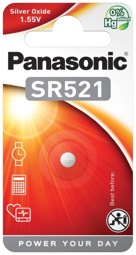 Batterie-Verpackung von Panasonic SR521 mit einem Batteriesymbol, daneben Symbole einer Uhr und eines Taschenrechners, vor einem Hintergrund mit orangefarbener, roter und weißer Verlaufsfärbung.