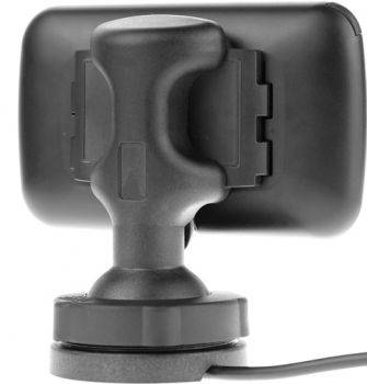 Schwarze Saugnapf-Autohalterung mit verstellbarem Telefonhalter und angebrachtem Kabel, dargestellt vor weißem Hintergrund.
