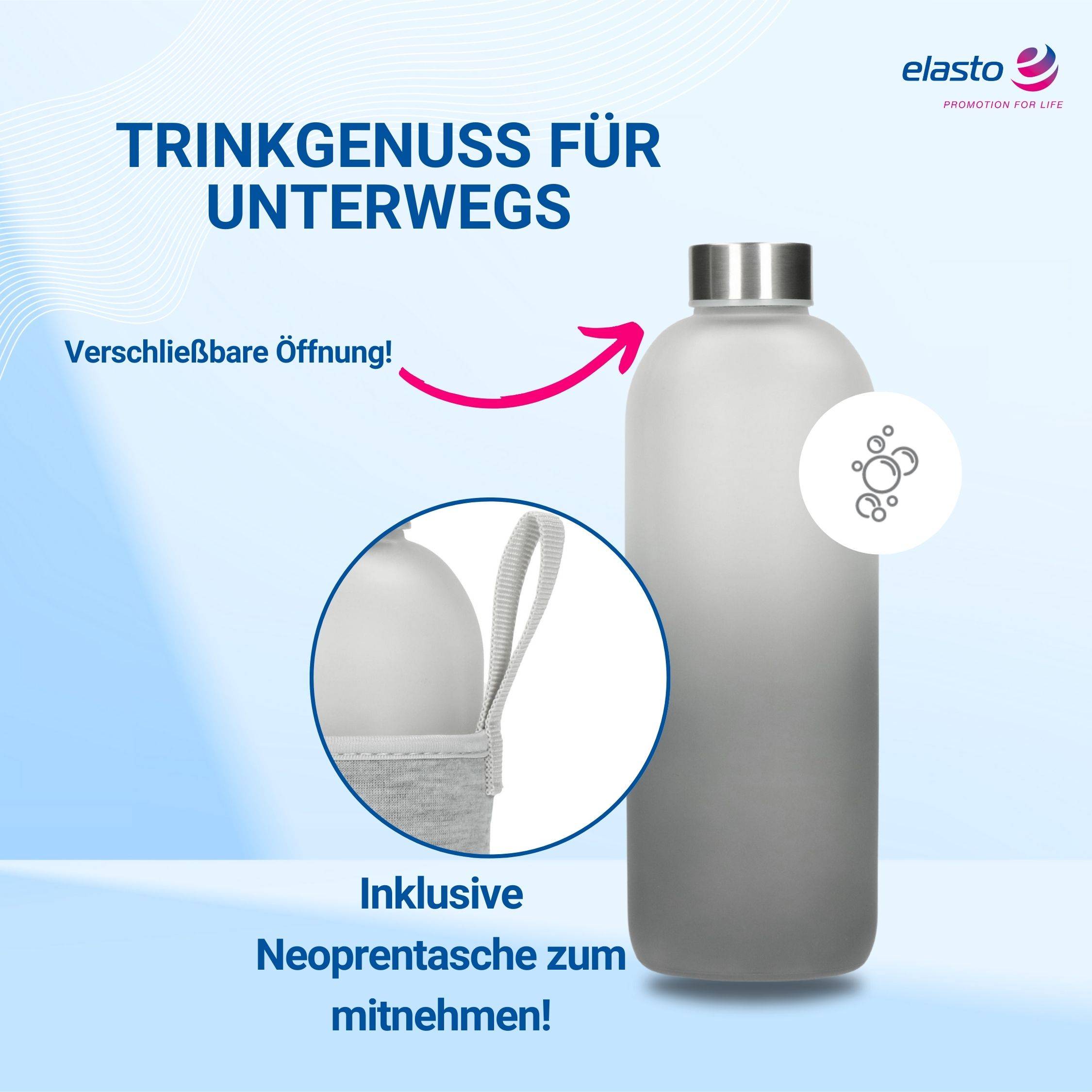 1000 ml Wasserflasche "Iced" aus Glas mit Hülle inkl. Deckel
