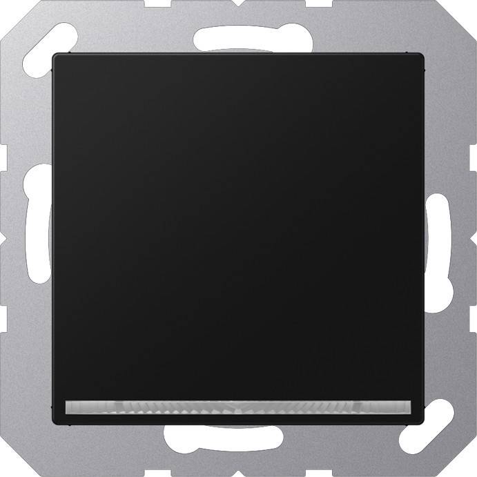 Eine quadratische, schwarze Lichtschalterblende mit einem horizontalen Plastikstreifen am unteren Rand ist an einer Metallwandhalterung befestigt.