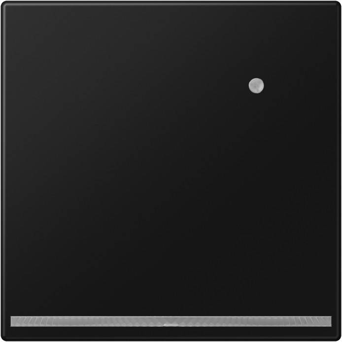 Ein schwarzer quadratischer Knopf mit einer kleinen kreisförmigen Vertiefung auf der oberen rechten Seite und einem schmalen Streifen am unteren Rand.