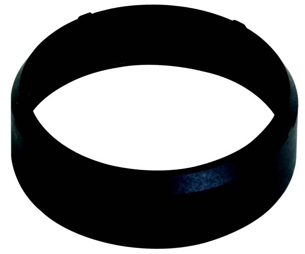 Ein schwarzer, kreisrunder Ring, möglicherweise ein einfaches Gummi- oder Silikonarmband, von einem Winkel aus vor einem weißen Hintergrund betrachtet.