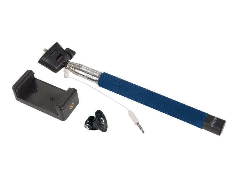 Ausziehbarer Selfiestab mit blauem Griff, Telefonhalterung und abnehmbarem Stativadapter auf weißem Hintergrund abgebildet.