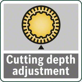 Symbol mit einer kreisrunden Sägeblatt-Scheibe über dem Text ‚Tiefenverstellung', der eine Option zur Anpassung der Schnitttiefe anzeigt.