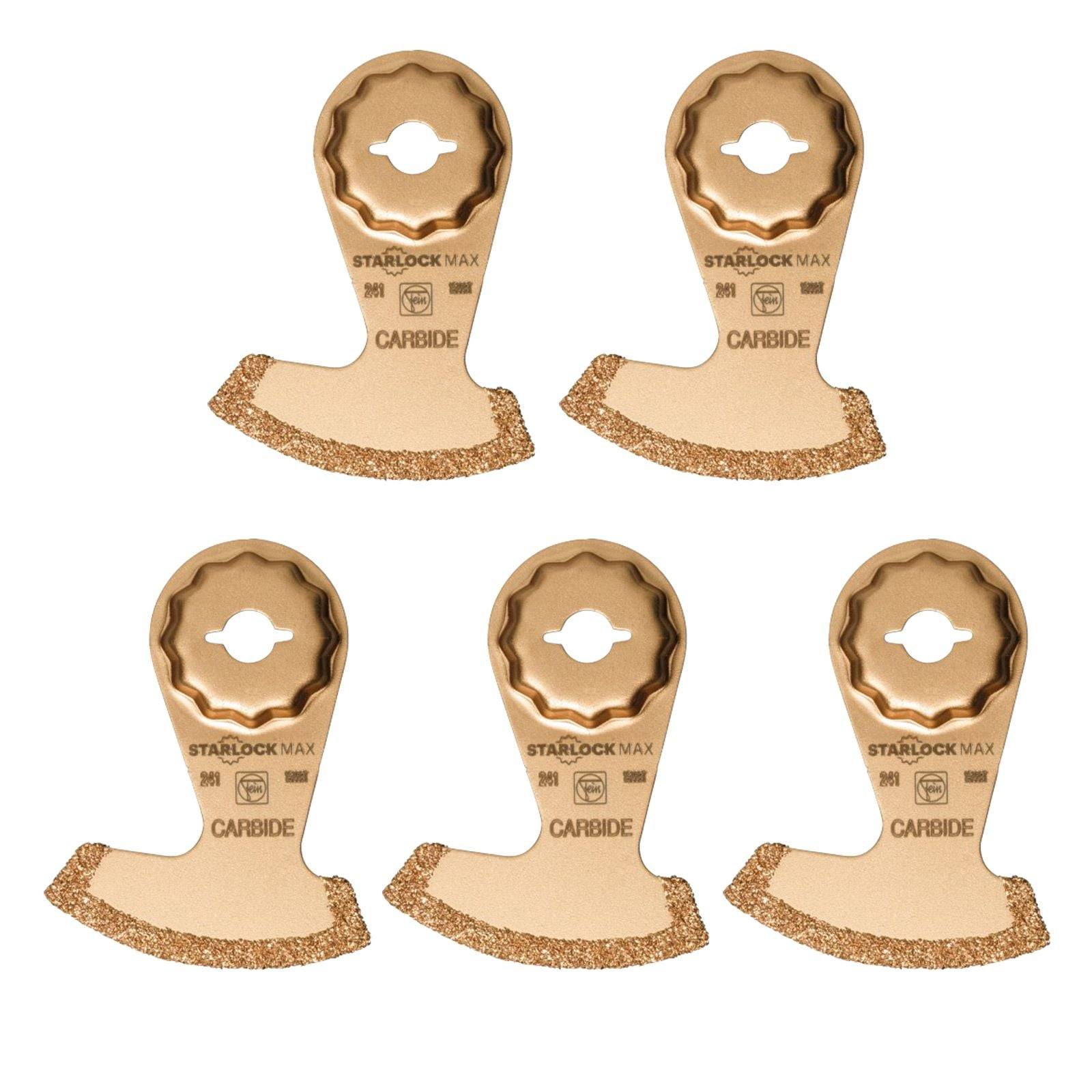Fünf Starlock Max Kreissägeblätter in Gold mit Hartmetallschneiden, die vor einem weißen Hintergrund präsentiert werden und für präzise Schneidaufgaben entwickelt sind.