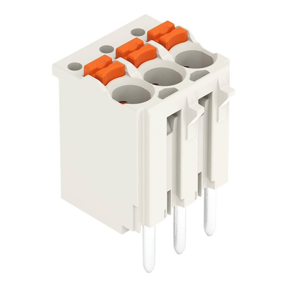 Ein weißer dreipol-Klemmenblock mit orangefarbenen Drucktasten, verwendet für elektrische Verbindungen.