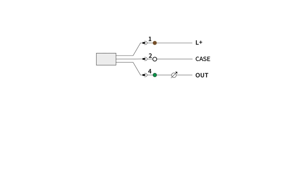 Verdrahtungsschema für einen 3-Pin-Sensor: Pin 1 zu L+, Pin 2 zu CASE, Pin 4 zu OUT.