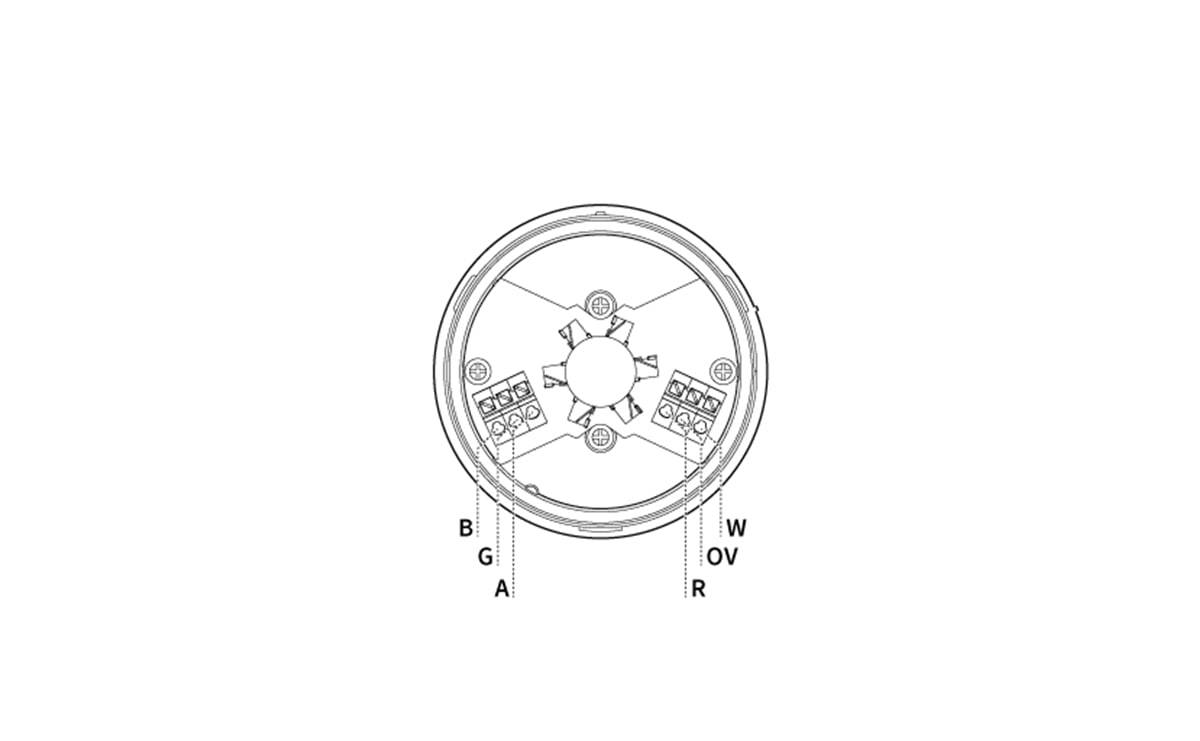 Technisches Diagramm einer kreisförmigen Steckverbindung in Endansicht mit fünf beschrifteten Pins: B, G, A auf der linken Seite und W, O, R auf der rechten Seite.