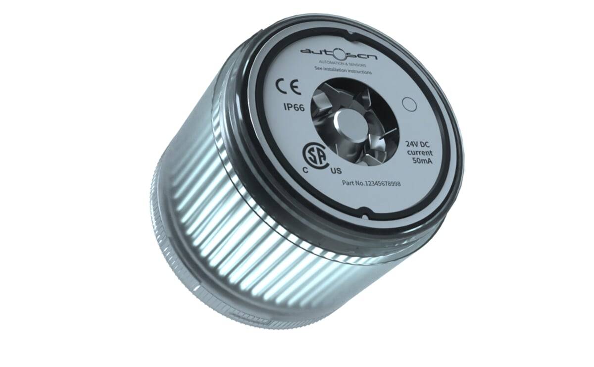 Ein zylindrischer wasserdichter Sensor mit silberner Außenseite, beschriftet mit 'autosen', IP66-zertifiziert, betrieben mit 24V DC bei 50mA, Teilenummer 12345678998.