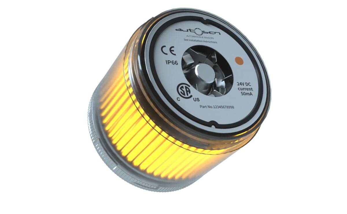 Eine bernsteinfarbene LED-Signalleuchte mit IP66-Schutzart, gekennzeichnet mit 'autosen', '24V DC' und '50mA'. Verwendet zur Anzeige des Betriebsstatus in Maschinenanlagen.