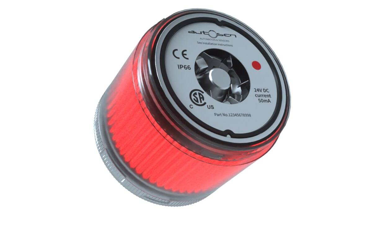 Eine runde, rote LED-Anzeigelampe mit der Beschriftung ‚autoGen'. Sie ist geeignet für 24V Gleichstrom bei 50mA und verfügt über einen Schutzgrad von IP66.