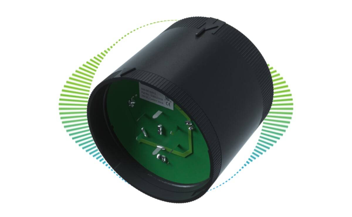 Ein schwarzes zylindrisches Gerät mit einer elektronischen Komponente im Inneren wird vor einem Hintergrund von bunten Wellenmustern gezeigt.