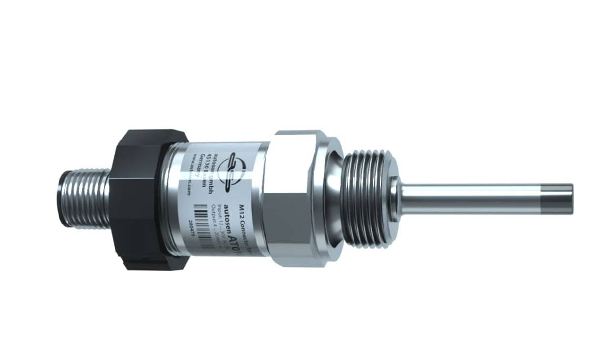 Ein Metallsensor oder eine Sonde mit einem Gewindeende und einer Sechskantmutter, wahrscheinlich für industrielle oder technische Anwendungen.