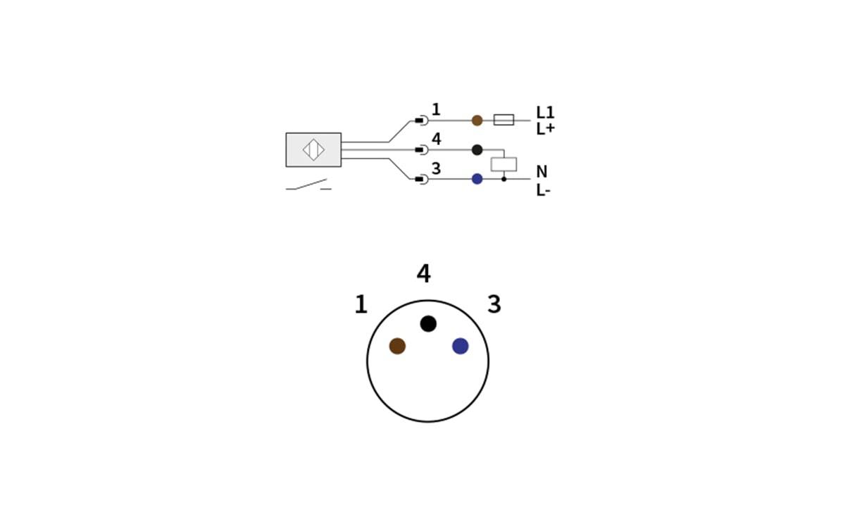 Schaltschema für einen 3-poligen Stecker: Pin 1, 4 und 3 entsprechen L1/L+, Masse und N/L-; darunter zeigt ein kreisförmiges Stecker-Layout die gleichen Stiftpositionen.