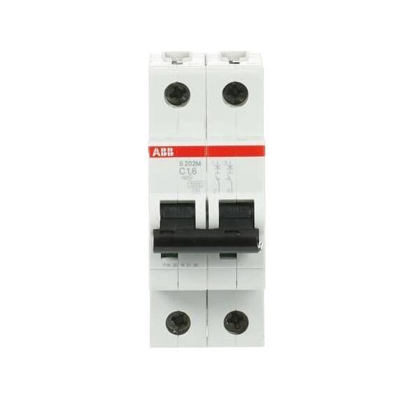 ABB S203M C16' Leitungsschutzschalter, zweipolig, weißes Gehäuse, schwarzer Schalter, für elektrische Sicherheit und Überlastschutz.