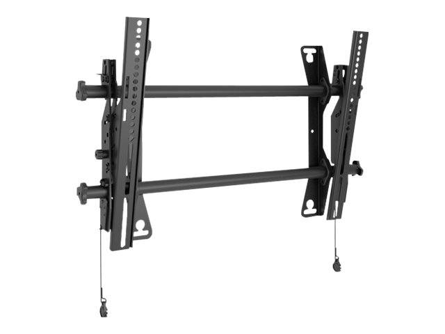Schwarze verstellbare TV-Wandhalterung mit zwei Stützarmen und Zugseilen zum Neigen oder Freigeben des Displays.