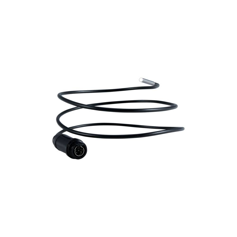 Aufgerolltes schwarzes Kabel mit einem runden Stecker auf der einen Seite und einem freigelegten blanken Draht auf der anderen Seite.