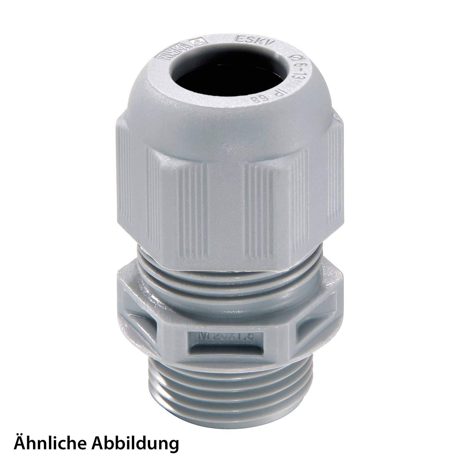 Eine graue Plastik-Kabelverschraubung mit Gewindeöffnungen.