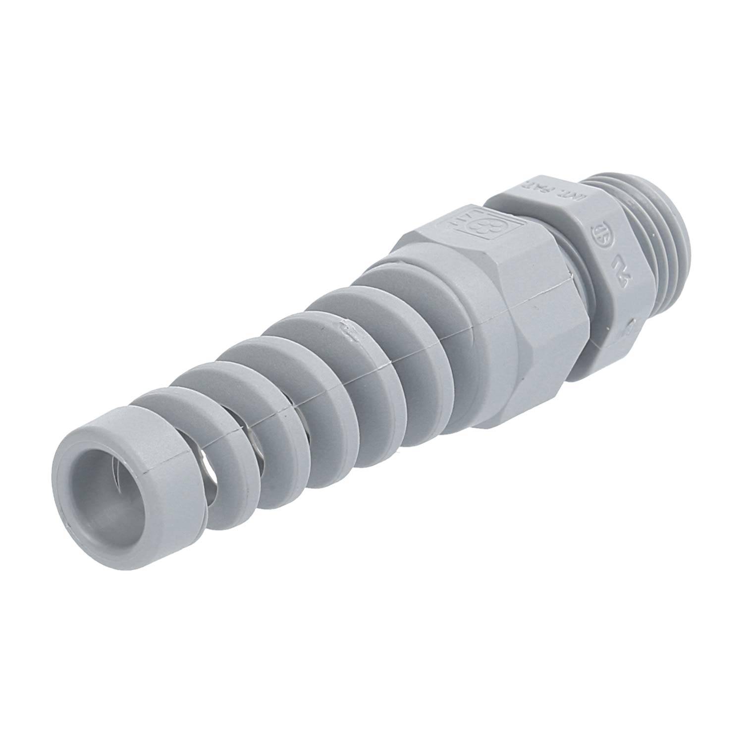 Ein grauer Kabelverschraubung mit Spiralentlastung zum Schutz des Kabels.