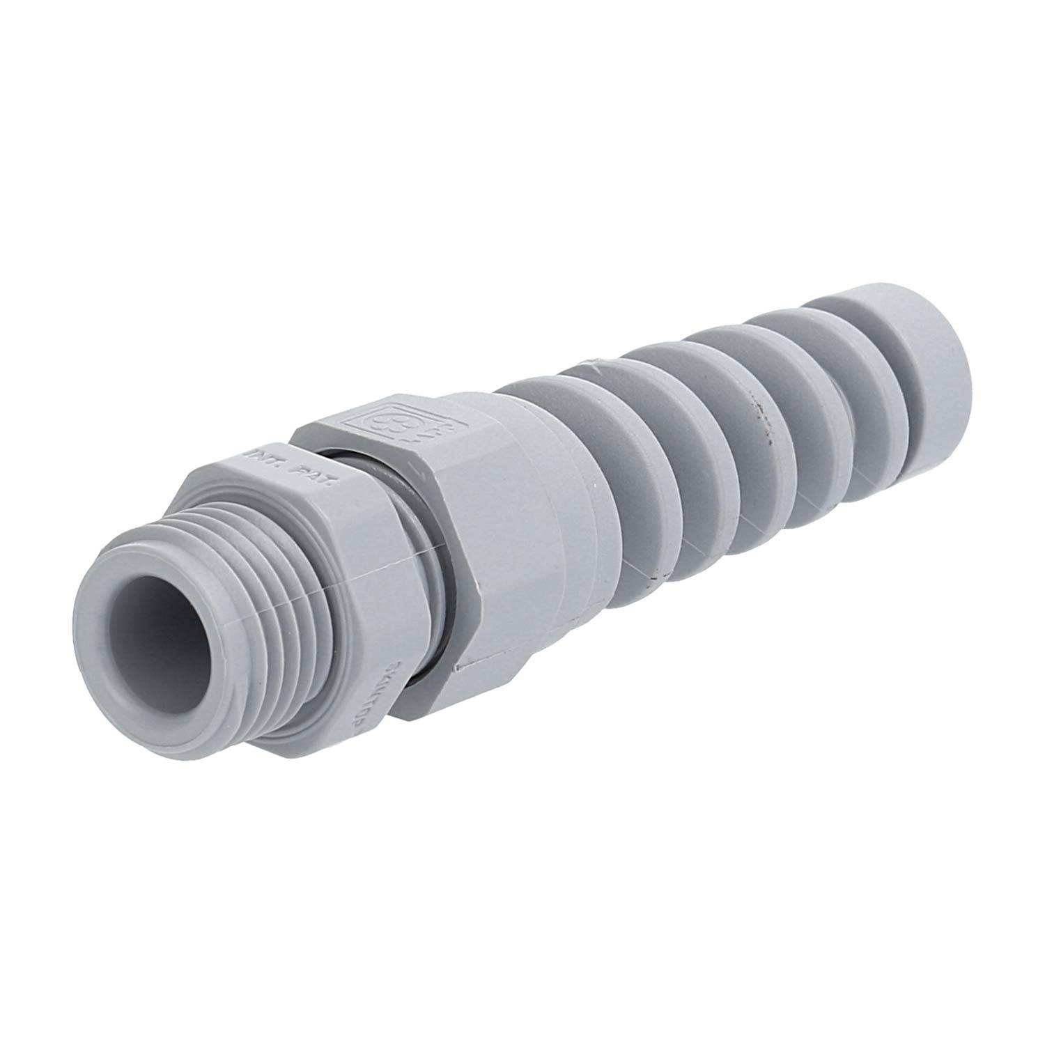 Eine graue Kabelverschraubung aus Kunststoff mit einer spiralförmigen Zugentlastung, die von einem Ende ausgeht und dazu dient, Kabel vor Biegen und Verdrehen zu schützen.