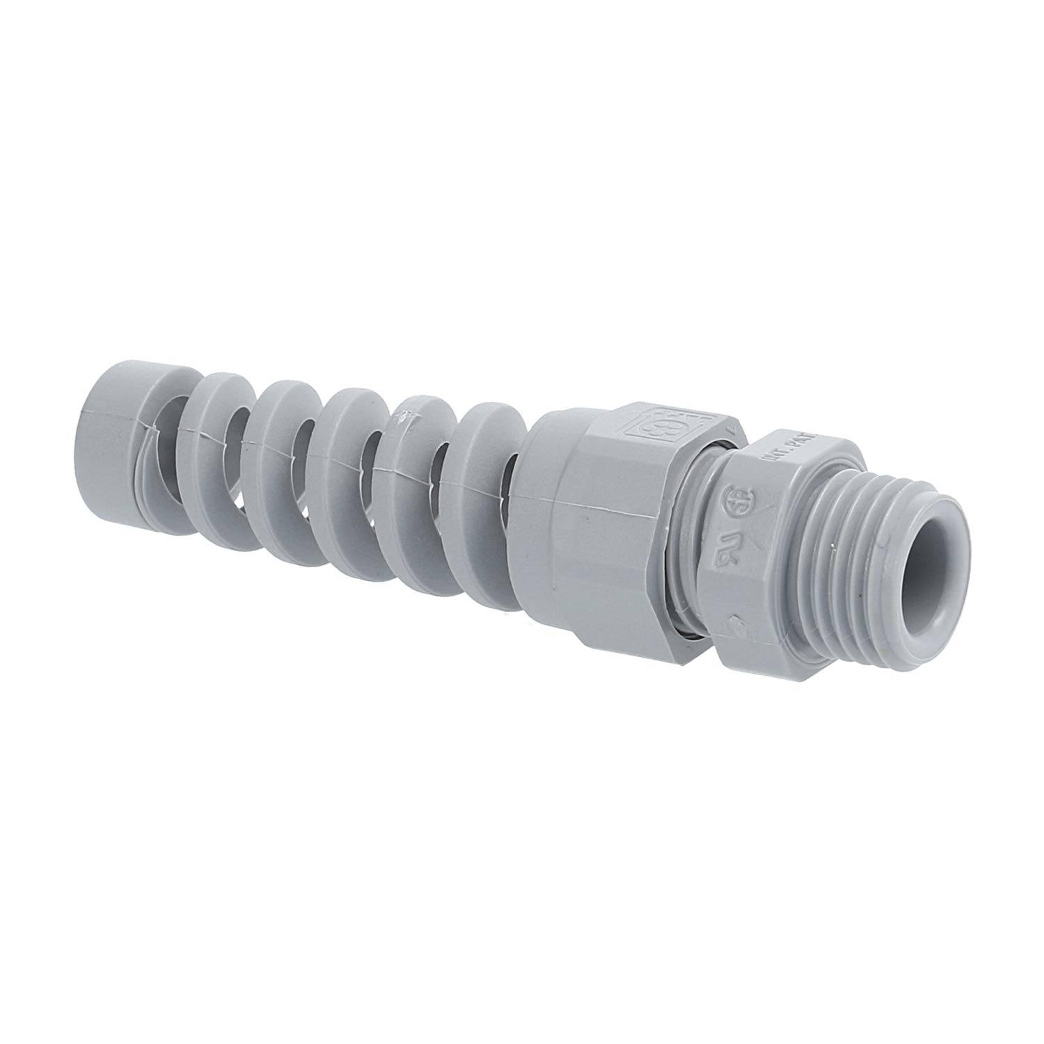 Ein grauer flexibler Schutzschlauch mit einem Gewinde am Ende, der zur Sicherung von elektrischen Leitungen dient und durch seine Schraubenwendelform Flexibilität und Verbindungsmöglichkeiten bietet.