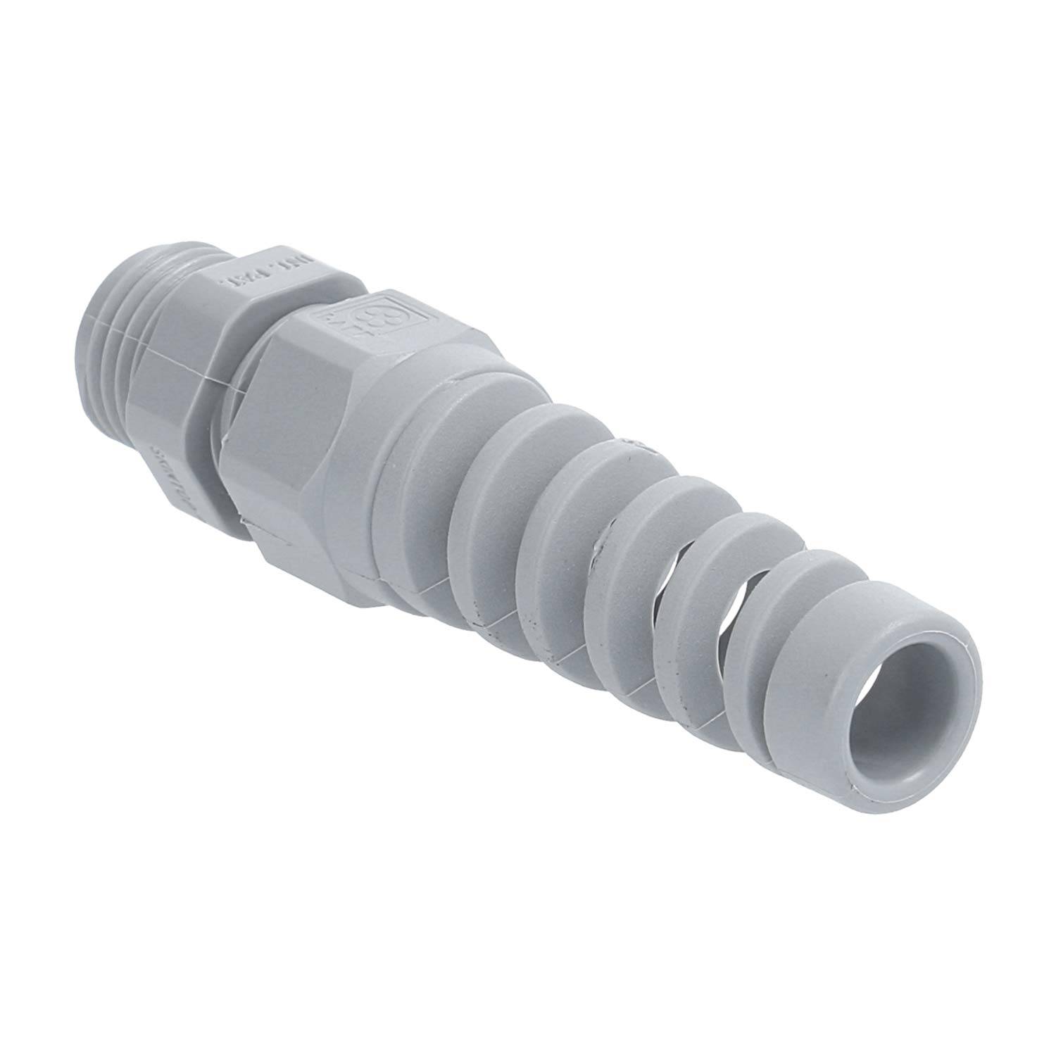 Ein grauer Kunststoff-Schlauchverbinder mit Spiralwicklung, geeignet für Elektroinstallationen oder Leitungsführungen.