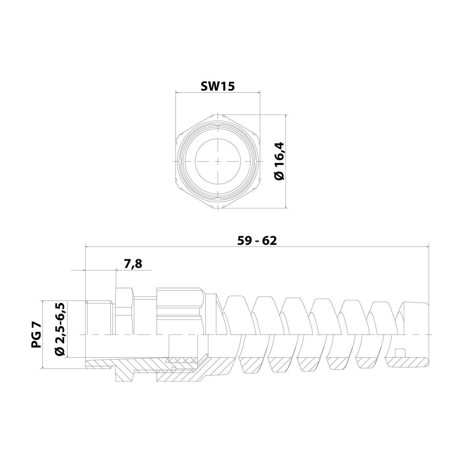 Technische Zeichnung einer Kabelverschraubung mit Maßen: SW15, Durchmesser 16,4 mm. Länge 59-62 mm, Außendurchmesser 21,5-24,5 mm, PG7.