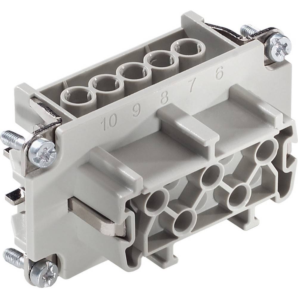 Ein beiger elektrischer Anschluss mit nummerierten Schlitzen für Verkabelung, ausgestattet mit Metallbefestigungsschrauben an beiden Seiten.
