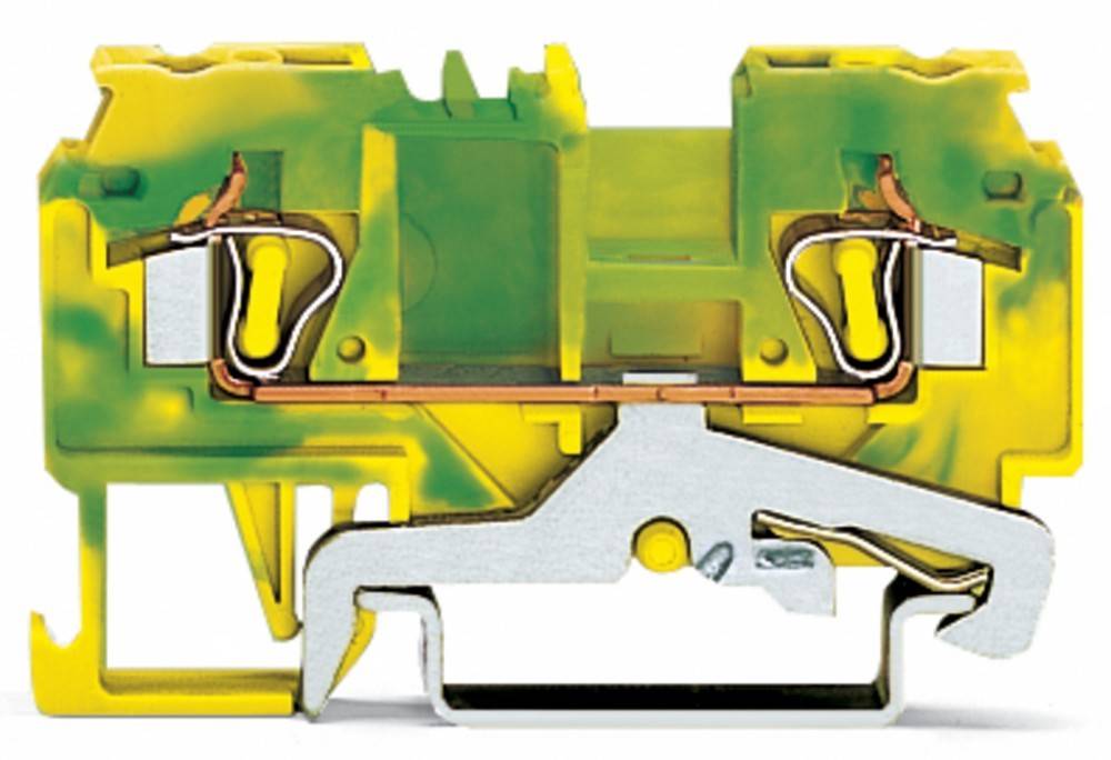 Ein gelber und grüner Klemmenblock mit einem Metallhebel und Kupfer-Elektroverbindungen, verwendet zur Weiterleitung von elektrischen Leitungen.