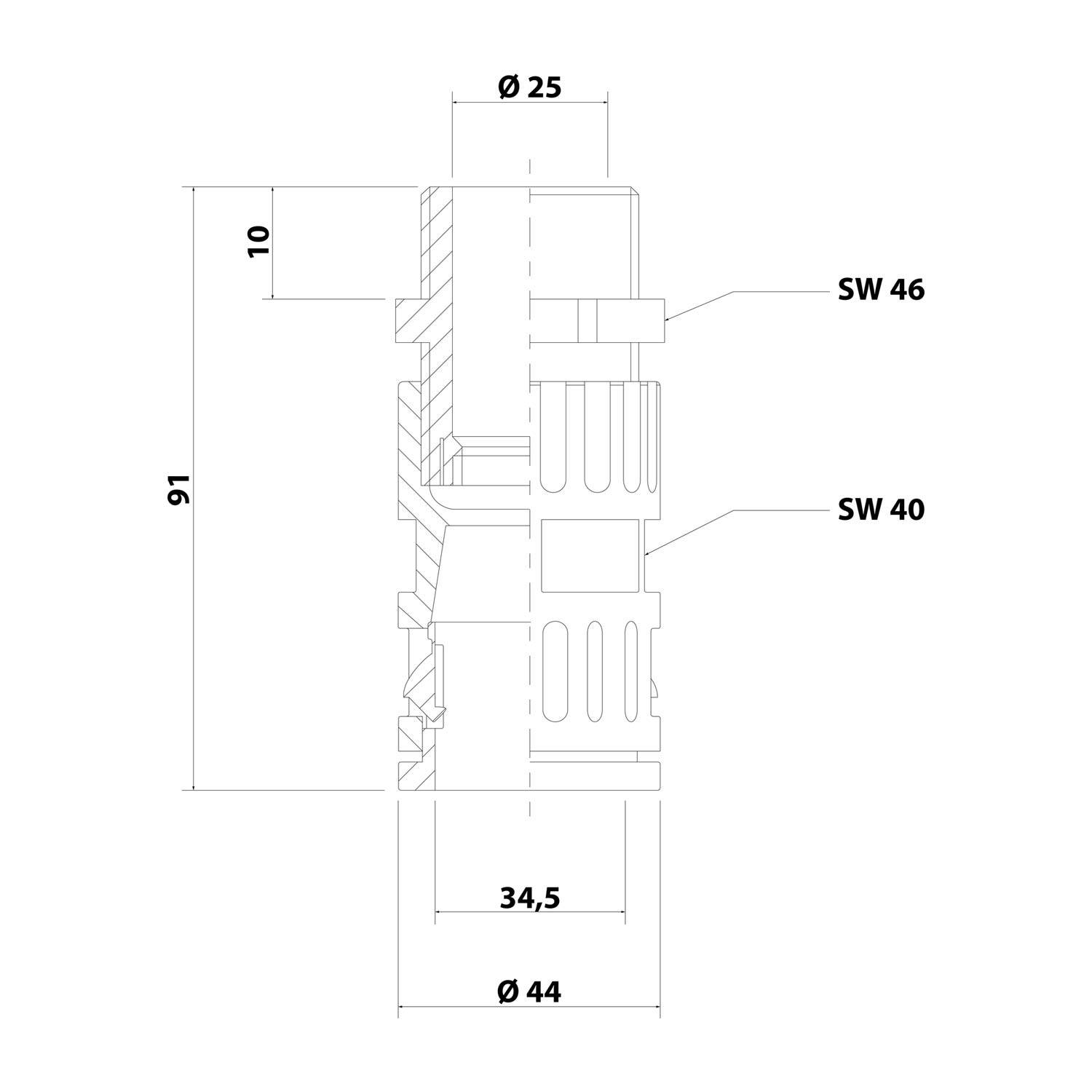Technische Zeichnung einer mechanischen Komponente mit Maßen: Höhe 91 mm, oberer Durchmesser 25 mm, unterer Durchmesser 44 mm, und Seitenbreiten gekennzeichnet mit SW 46 und SW 40.