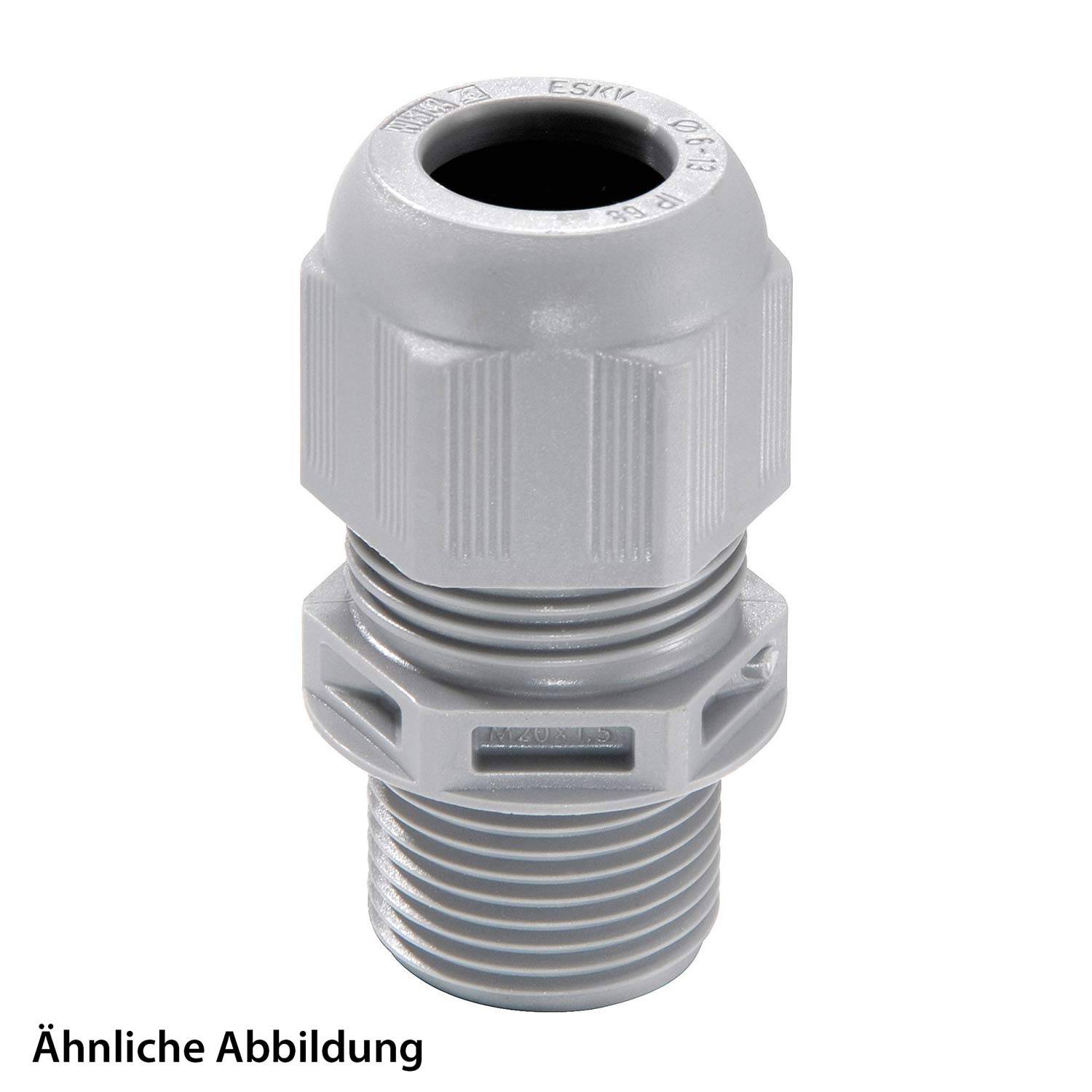 Graue Kabelverschraubung zum Sichern von Kabeln durch Gehäuse, mit gerippter Griffstruktur und Gewindeende. Etikett besagt: Ähnliche Abbildung.