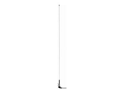 Eine dünne senkrechte Stange oder Antenne auf einem schlichten weißen Hintergrund, mit einer kleinen Basis und einem kurzen horizontalen Arm in der Nähe des unteren Endes.