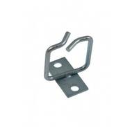 Metallischer Drahtclip-Halter mit zwei Befestigungslöchern auf einer kleinen flachen Basis.