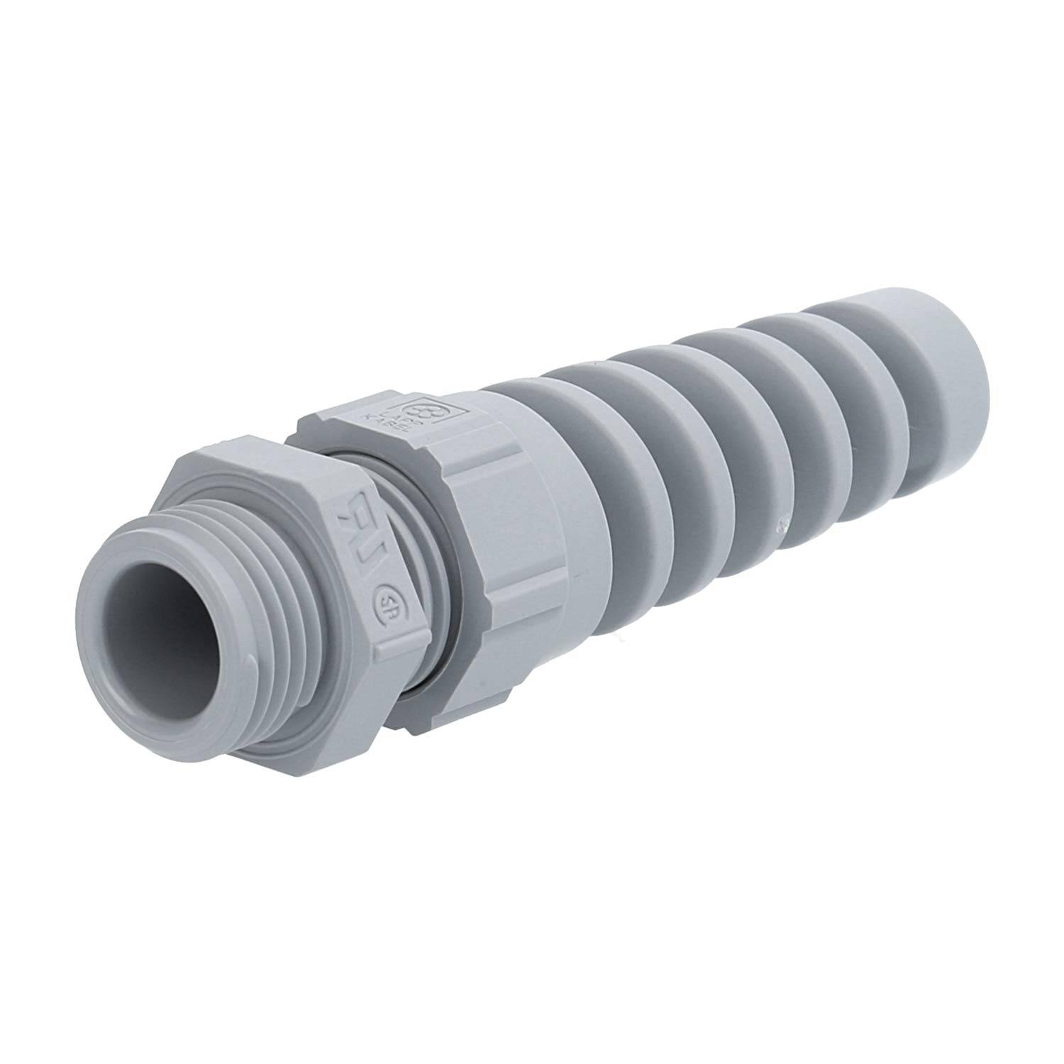 Eine weiße Kunststoffkabelmuffe mit Gewinde-Design.