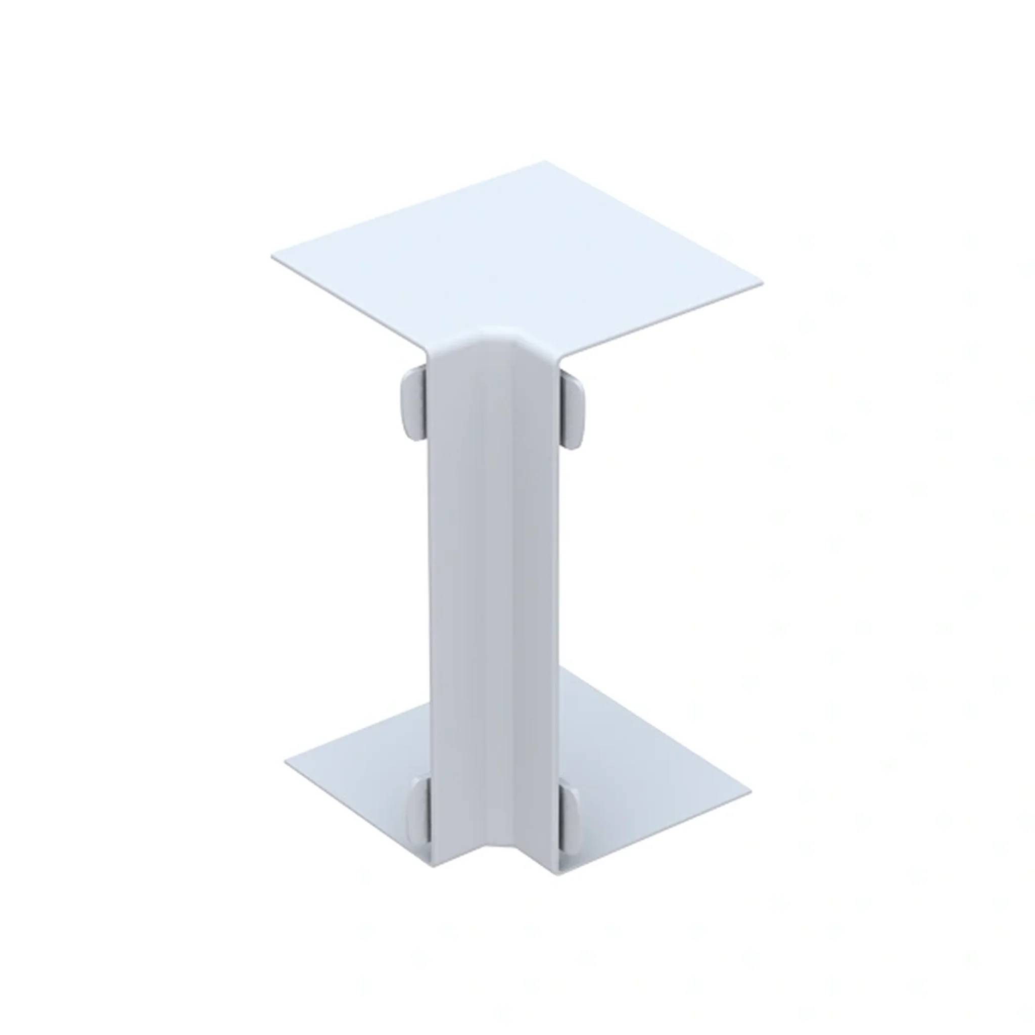 Weißes Metallbracket oder Verbinder in I-Form mit flachen Ober- und Unterplatten auf weißem Hintergrund.