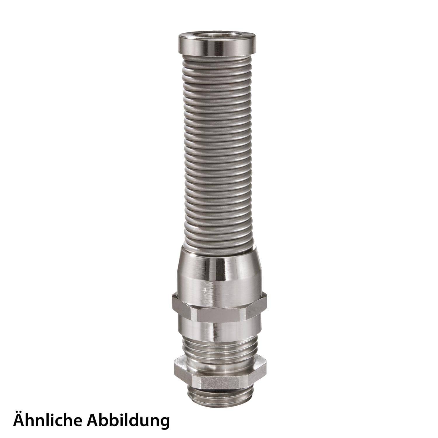 Ein flexibler Metallschlauch mit einem Gewinde am Ende, der häufig in der Sanitär- oder Industriebranche verwendet wird. Text lautet 'Ähnliche Abbildung'.