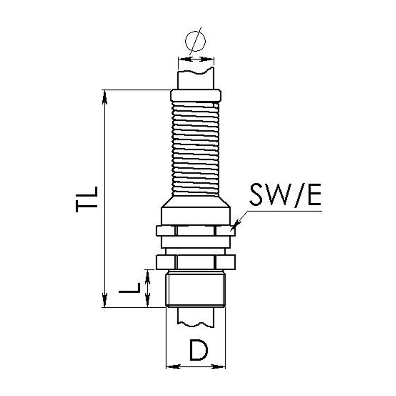 Technische Zeichnung eines Gewindebohrers mit beschrifteten Abmessungen: Gesamtlänge (TL), Abschnittslänge (L), Durchmesser (D) und Breite (SW/E).