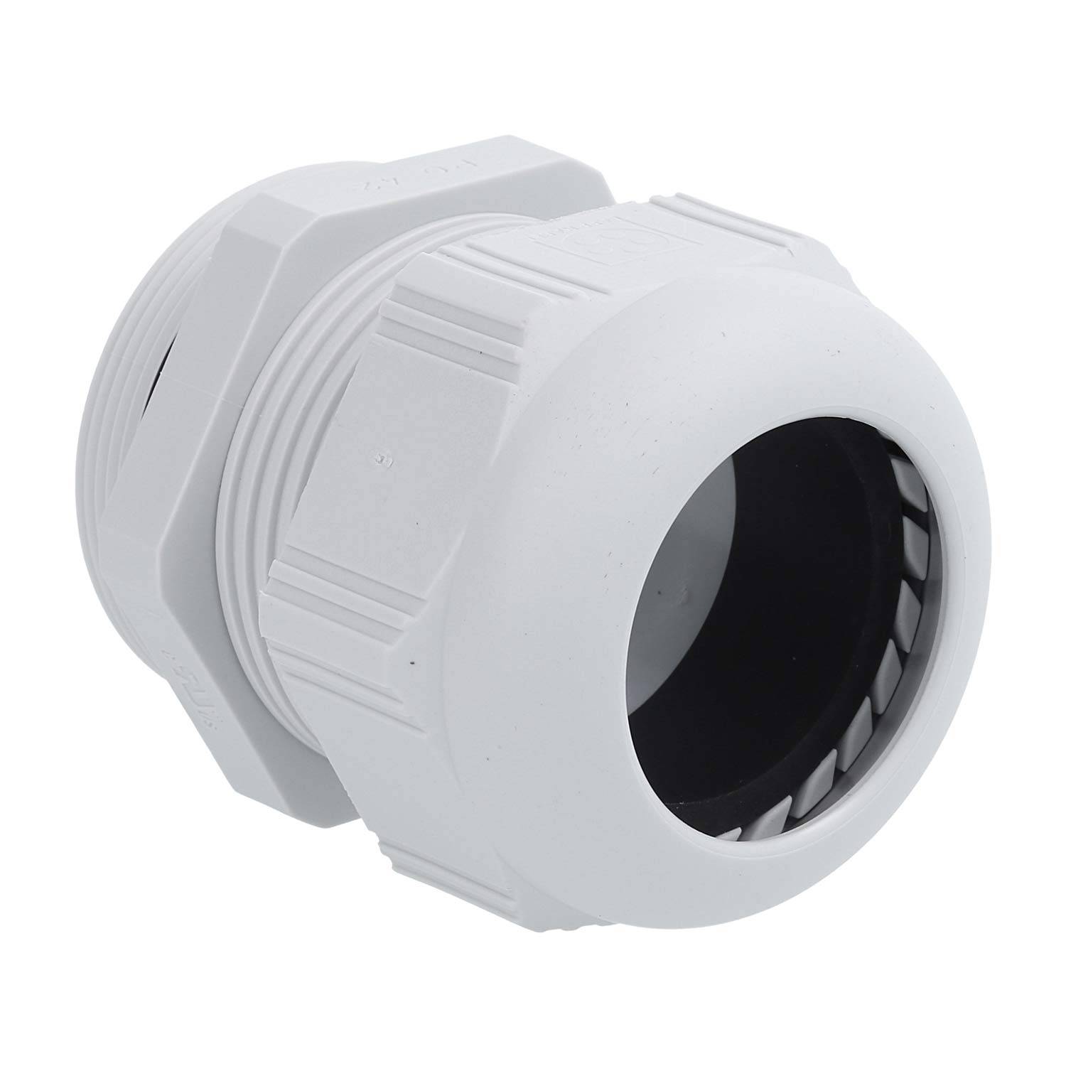 Eine weiße, zylindrische Kabelmuffe mit Gewindeverbindungen und gerippten Oberflächen, die zum Sichern und Schützen von Elektrokabeln entwickelt wurde.