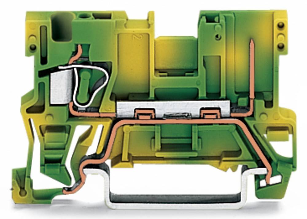 Ein Klemmenblock in Grün und Gelb mit internen Kupfer- und Silberverbindern ist abgebildet, der elektrische Verbindungskomponenten veranschaulicht.