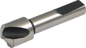 Eine Nahaufnahme eines Metallmeißels mit einer scharfen, abgewinkelten Klinge und einem schwarzen Griff.