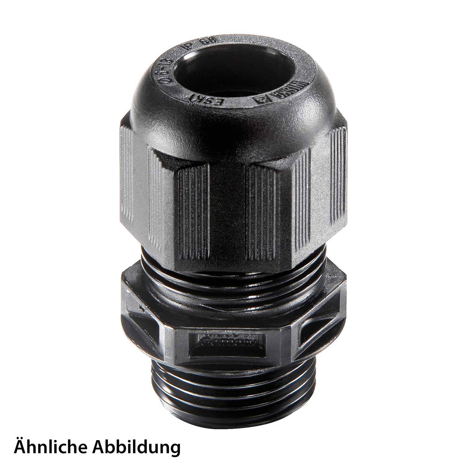 Eine schwarze Kabelverschraubung mit Gewindekonstruktion, die zum Sichern und Abdichten von elektrischen Kabeln beim Eintritt in Geräte verwendet wird.