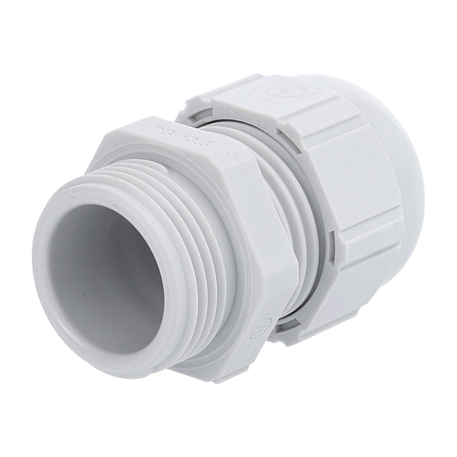 Eine weiße Kabelverschraubung aus Kunststoff mit Gewinde, die zum Sichern von Kabeln und gleichzeitigen Abdichten verwendet wird.