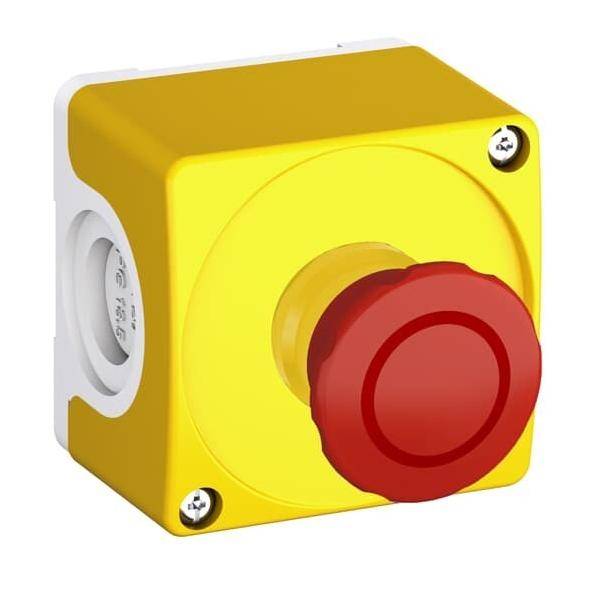 Eine gelbe Notaus-Taste mit einem roten Knopf, montiert auf einem Gehäuse. Wird für Sicherheitsabschaltung bei Maschinen und elektrischen Geräten verwendet.