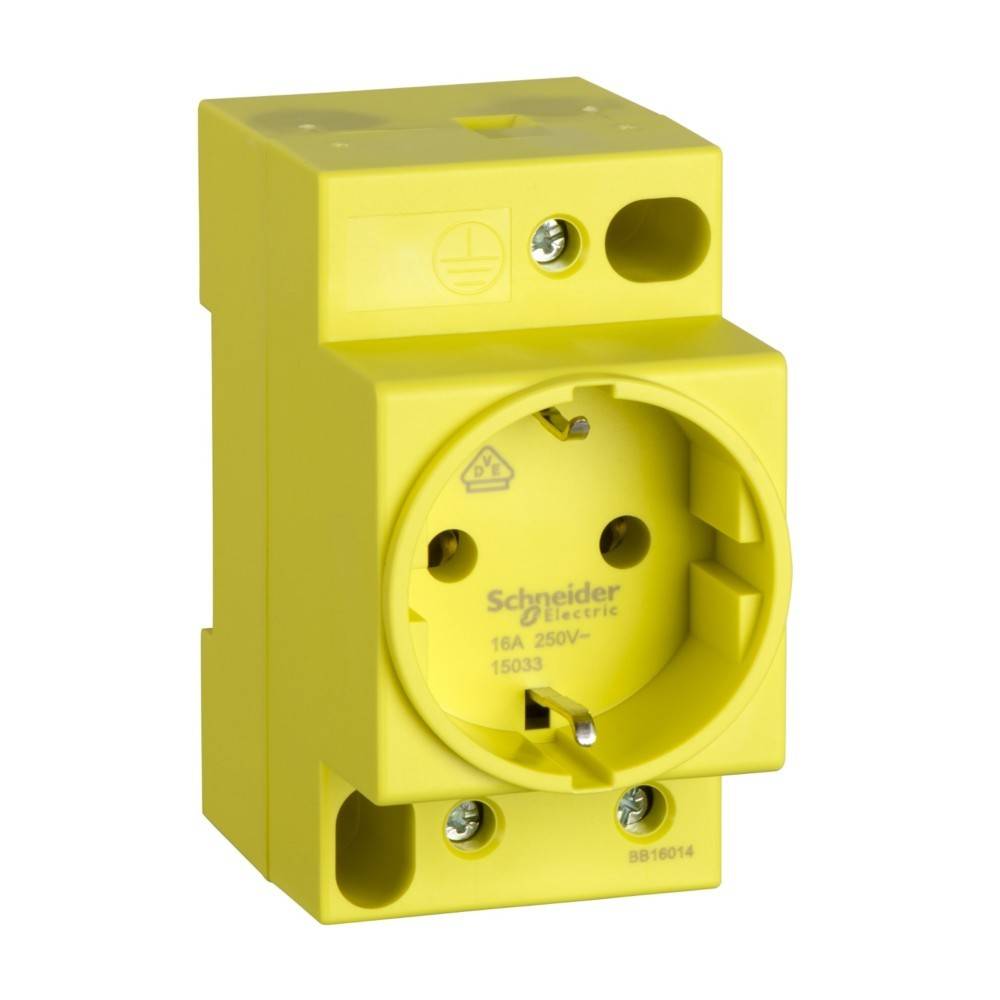 Ein gelbes elektrisches Steckdosenmodul mit einer kreisförmigen Buchse und Befestigungsschrauben, gekennzeichnet mit 'Schneider Electric 16A 250V'.