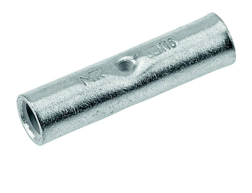 Ein Metallverbinder oder eine Ferrule mit einer zylindrischen Form, der zum Verbinden von Kabeln oder Drähten verwendet wird. Er weist Markierungen zur Größe und zu technischen Spezifikationen auf.