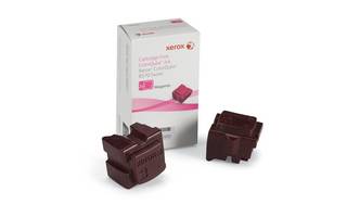 Xerox Magenta-Druckertoner-Patrone, gezeigt mit ihrer Verpackung und zwei losen Patronenteilen auf weißem Hintergrund.