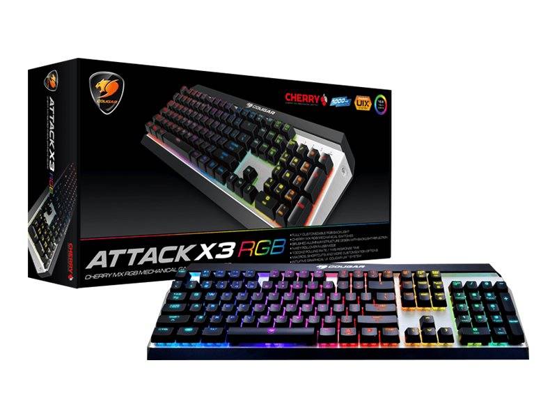 Cherry MX Attack X3 RGB mechanische Gaming-Tastatur mit Einzelhandelsverpackung, mit mehrfarbig hintergrundbeleuchteten Tasten.