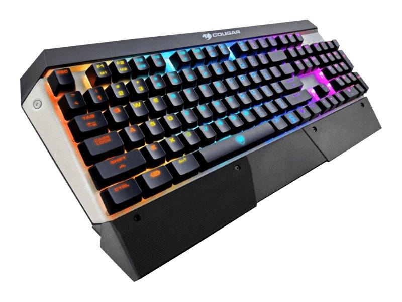 Hintergrund beleuchtete mechanische Gaming-Tastatur in Schräglage auf weißem Hintergrund, mit mehrfarbigen RGB-Tasten und einem Cougar-Logo an der oberen Kante.